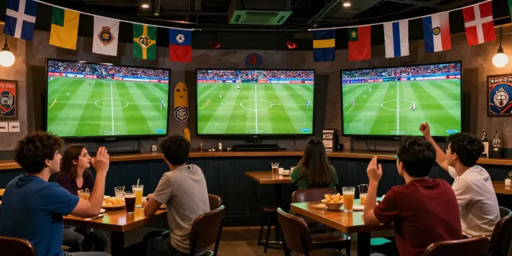 스포츠중계를 즐기는 다채로운 팬들이 열띤 축구 경기를 관람하는 장면