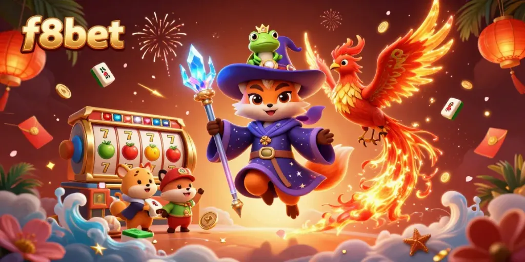Experience thrilling slots with f8bet's enchanting casino illustration featuring magical elements and vibrant colors.