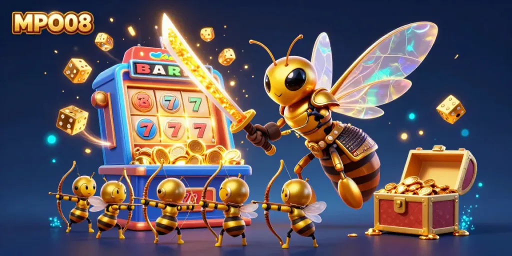 MPO08 celebrates a vibrant casino scene with a giant golden hornet in samurai armor attracting jackpot wins.