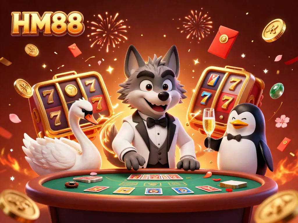 Experience winning at HM88 with a lively casino scene showcasing a debonair wolf, elegant swan dealer, and sophisticated penguin sommelier.