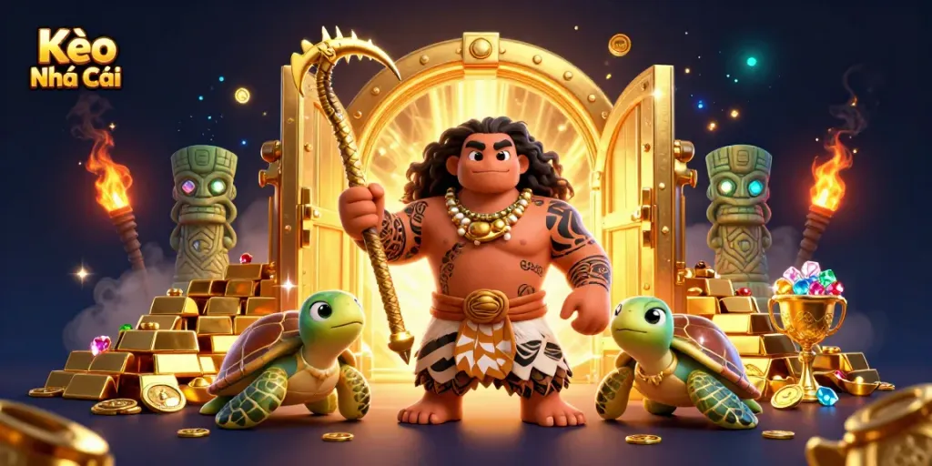 Bet on Kèo Nhà Cái with an engaging 3D cartoon scene filled with treasures.