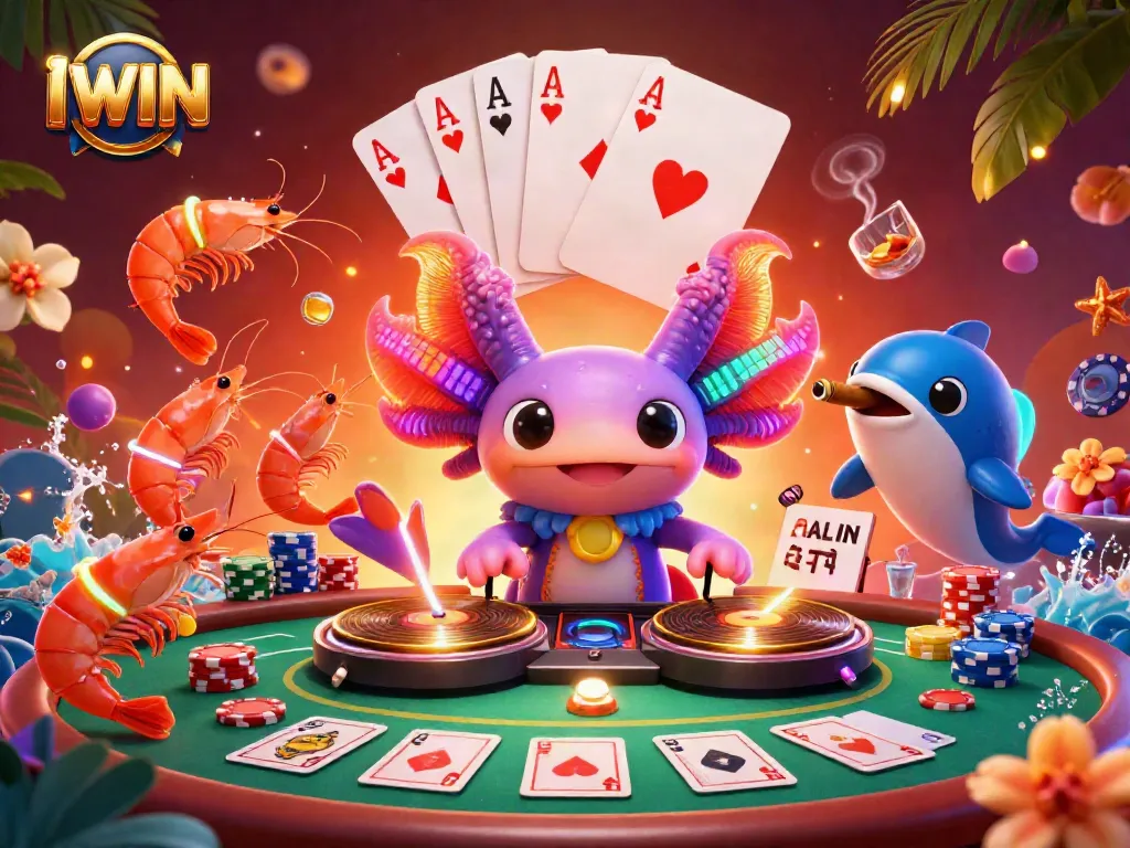 IWIN brings a neon-colored axolotl DJ and a vibrant underwater casino scene to life, showcasing poker elements and rich visuals.
