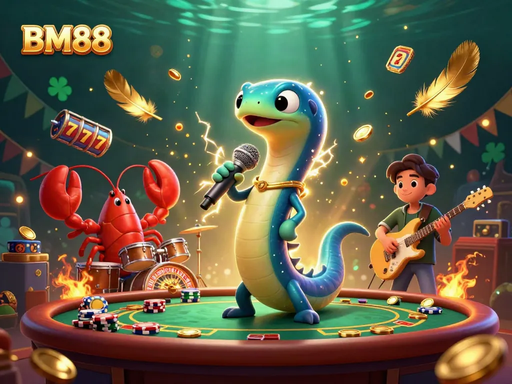 Experience a vibrant BM88 casino scene with electric eel DJ, lobster drummer, and seahorse guitarist.