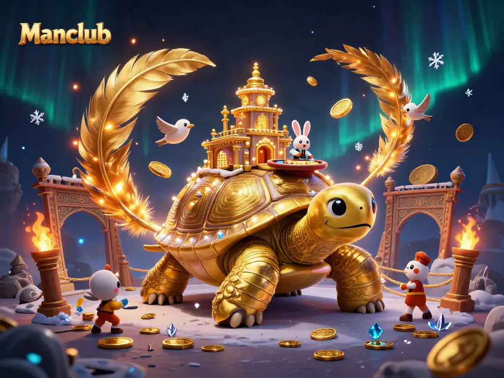 Experience thrilling gameplay at Manclub with a vibrant casino scene featuring a golden tortoise and a rabbit dealer.