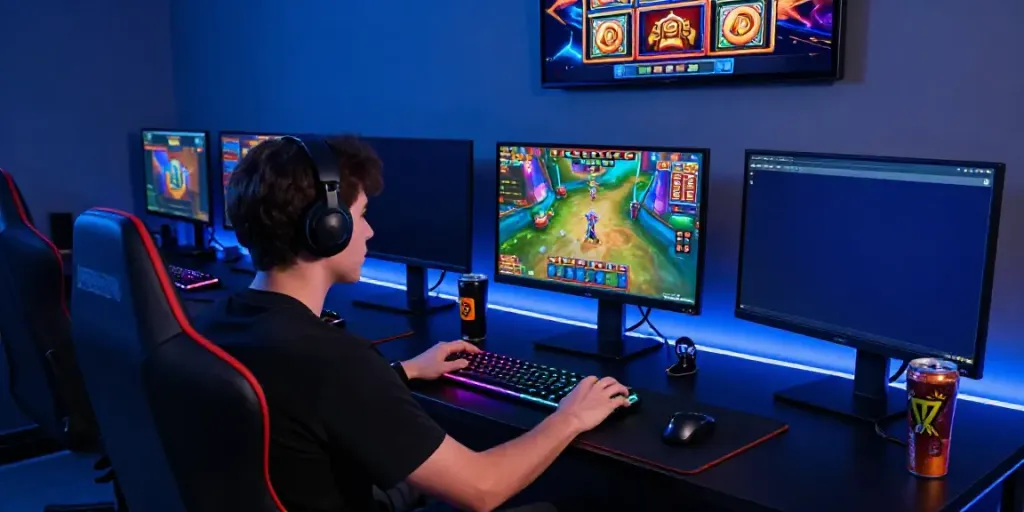 Exciting pesgslot gaming scene featuring a player immersed in vibrant slot games on multiple screens.