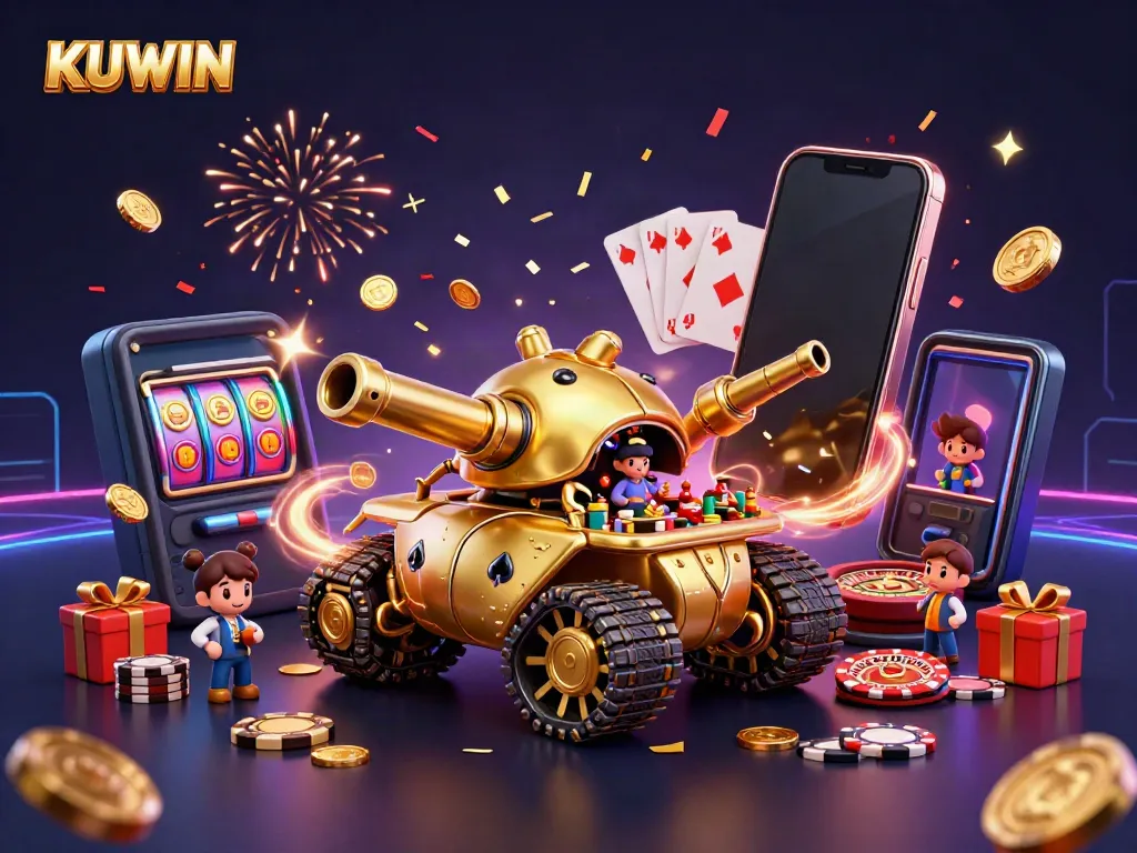 KUWIN showcases a dynamic golden beetle tank with a miniature casino inside, celebrating gambling excitement.