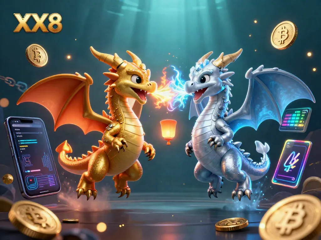 Experience the thrilling energy of XX8 with colorful dragons and crypto elements in a dynamic gaming scene.