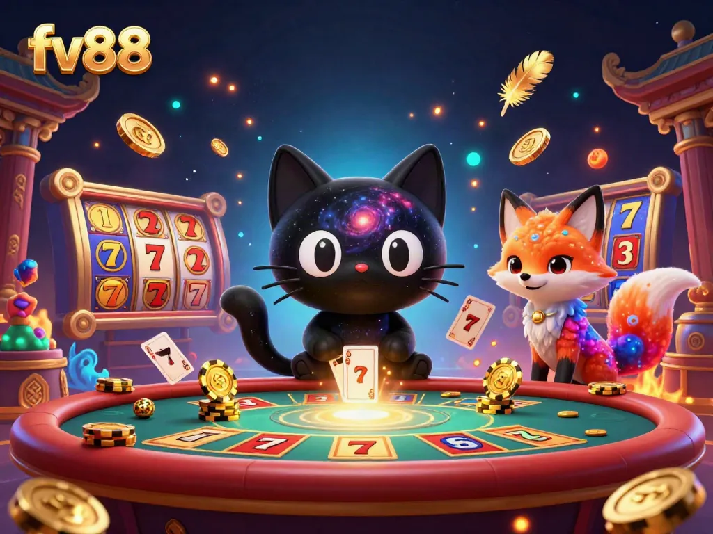 Experience thrilling gameplay at fv88 with a vibrant cosmic casino scene, featuring dynamic characters and gaming elements.