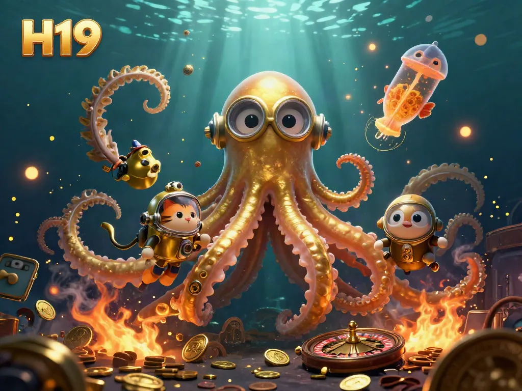Bet on thrilling games with H19, featuring an adventurous kraken and a diving cat from an underwater casino scene.