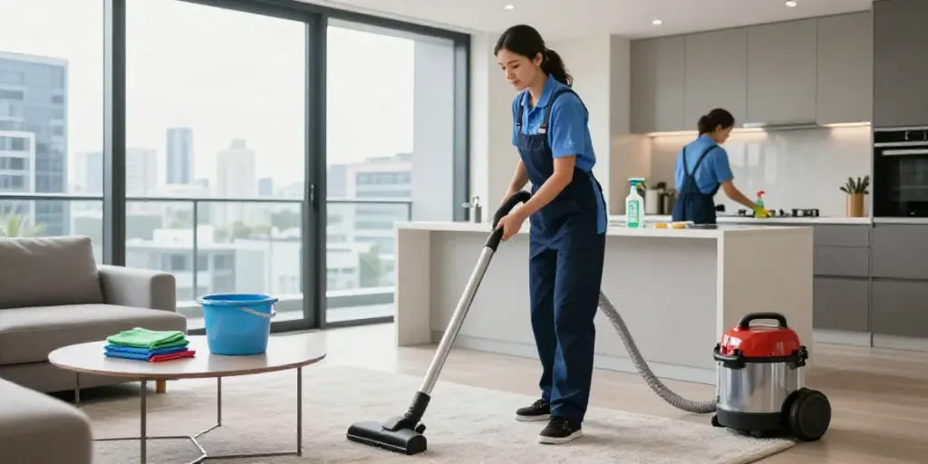 End of lease cleaning Melbourne scene showing professionals cleaning a bright apartment.