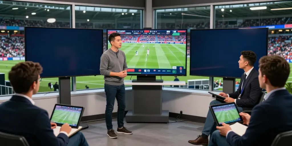 TOP10FOOTBALL sports analysis scene showing analysts discussing player statistics and match highlights in a modern studio