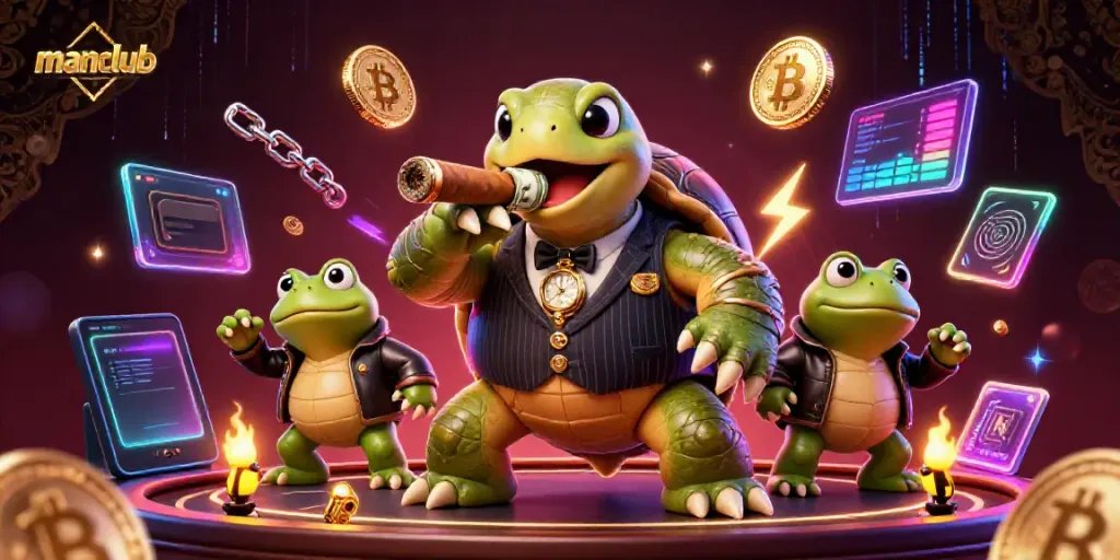 Experience the thrilling action at manclub with a 3D turtle mobster and bitcoin elements in a vibrant casino scene!