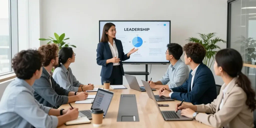 Leadership coaching for managers in a collaborative office environment with diverse professionals.