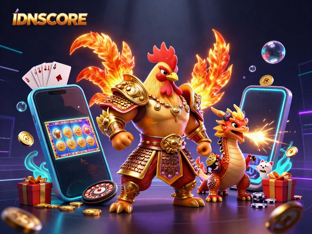 IDNSCORE features a vibrant 3D rooster warrior and dragon in a dynamic casino scene filled with games and gold.