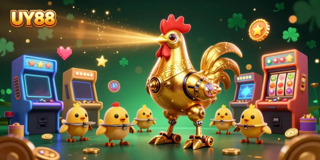Experience the excitement of UY88 with a golden rooster robot and engaging arcade games in a vibrant casino scene.