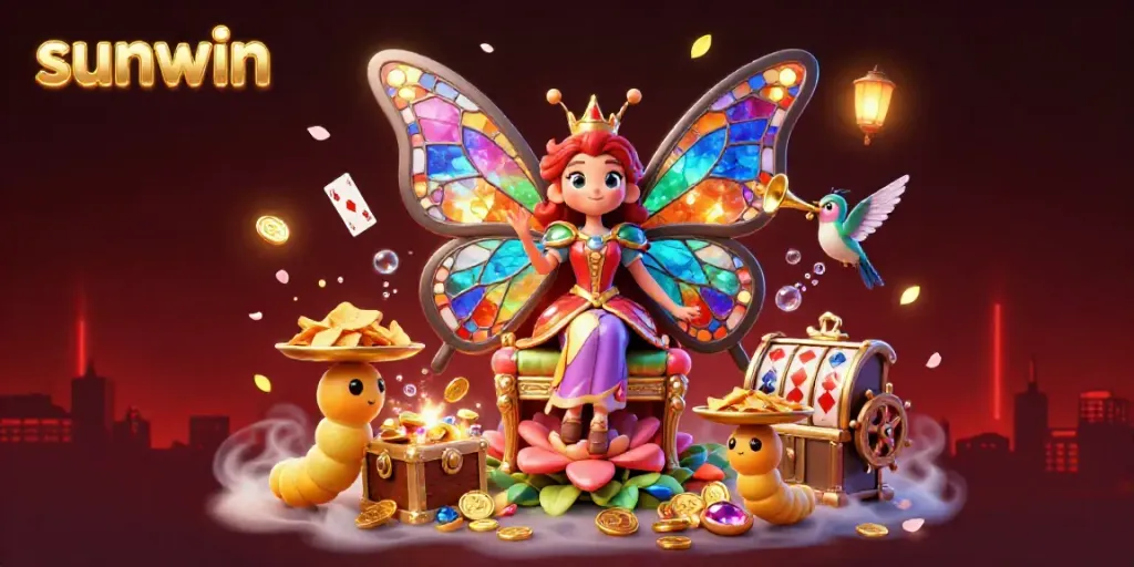 Engage with the vibrant world of sunwin, where a butterfly queen reigns amidst playful casino elements like slot machines and gold coins.