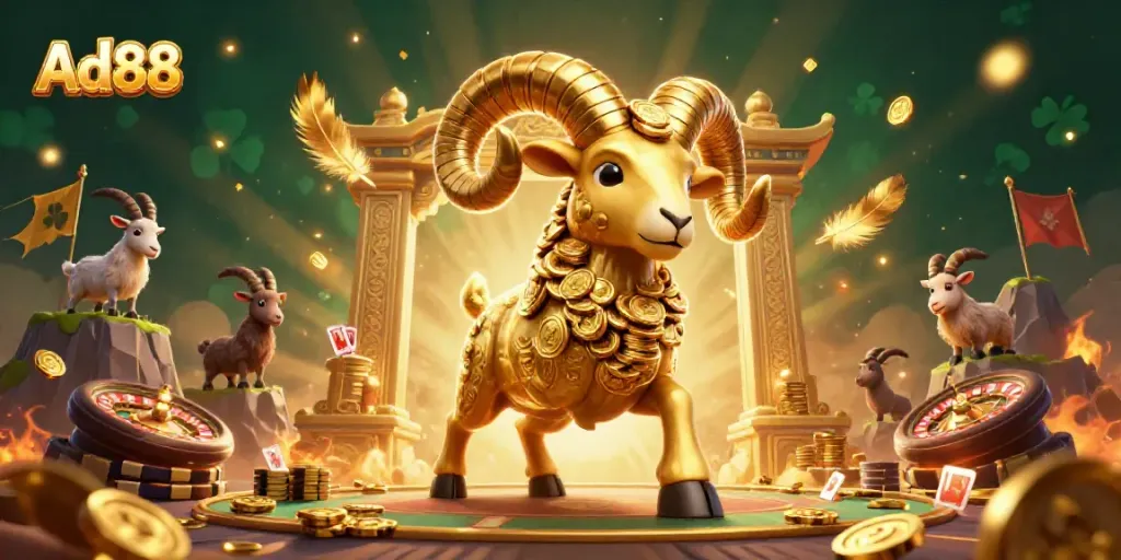 Experience excitement at Ad88 with a majestic golden ram amid dynamic casino elements and vibrant gaming atmosphere.