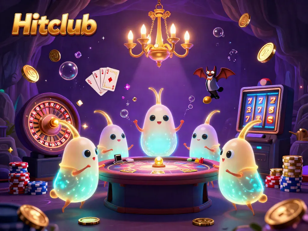 Experience the vibrant action of Hitclub with glowworms lighting a casino scene filled with gold coins and colorful chips.