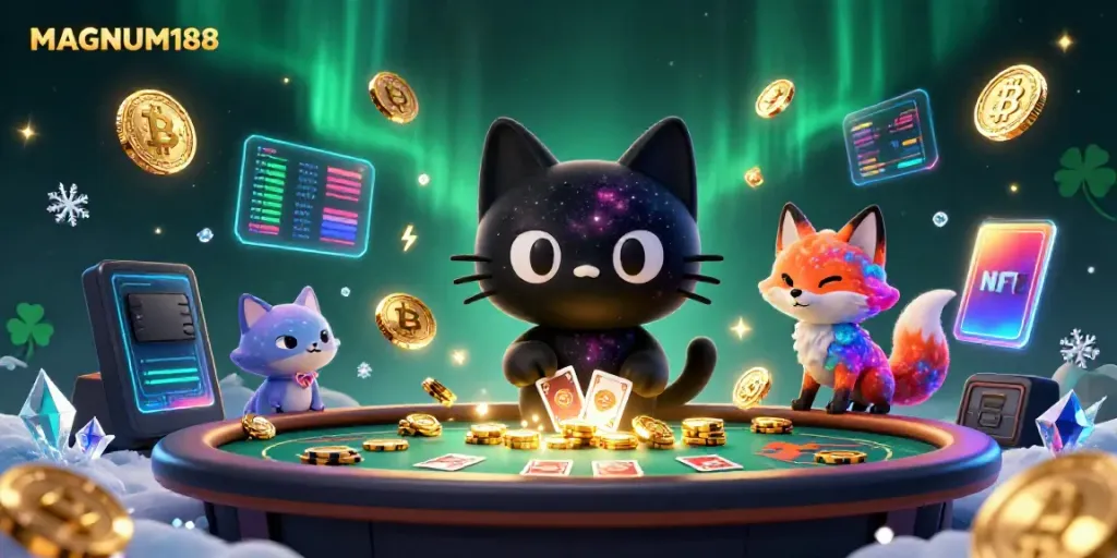 Experience the thrill of winning at MAGNUM188 with a cosmic cat pulling in golden chips!