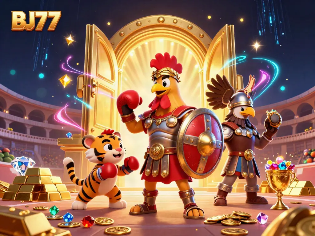 BJ77 gladiator rooster stands ready in a dazzling casino scene, overflowing with gems and treasures.