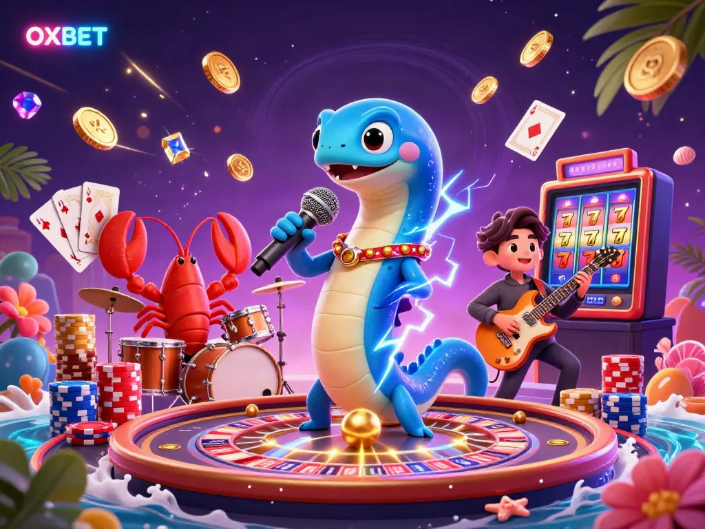Witness the electrifying OXBET performance in an underwater casino with vibrant characters and sparkling gems.