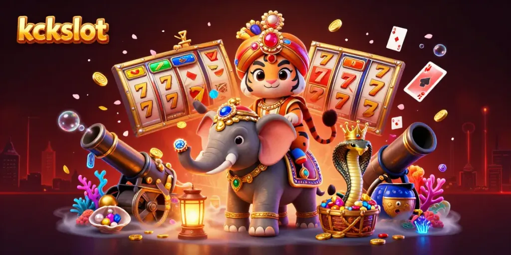 Ilustrasi 3D kckslot menampilkan harimau maharaja dan gajah berhiaskan permata pada latar belakang kasino.