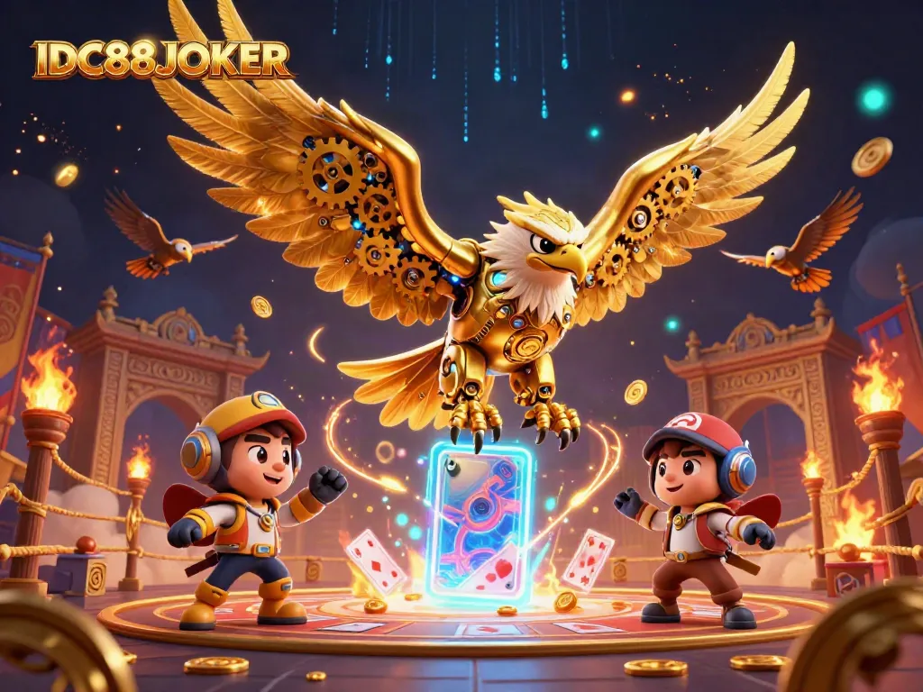 Experience thrilling gameplay with IDC88JOKER, where the cybernetic golden eagle dives amidst a vibrant casino digital world.