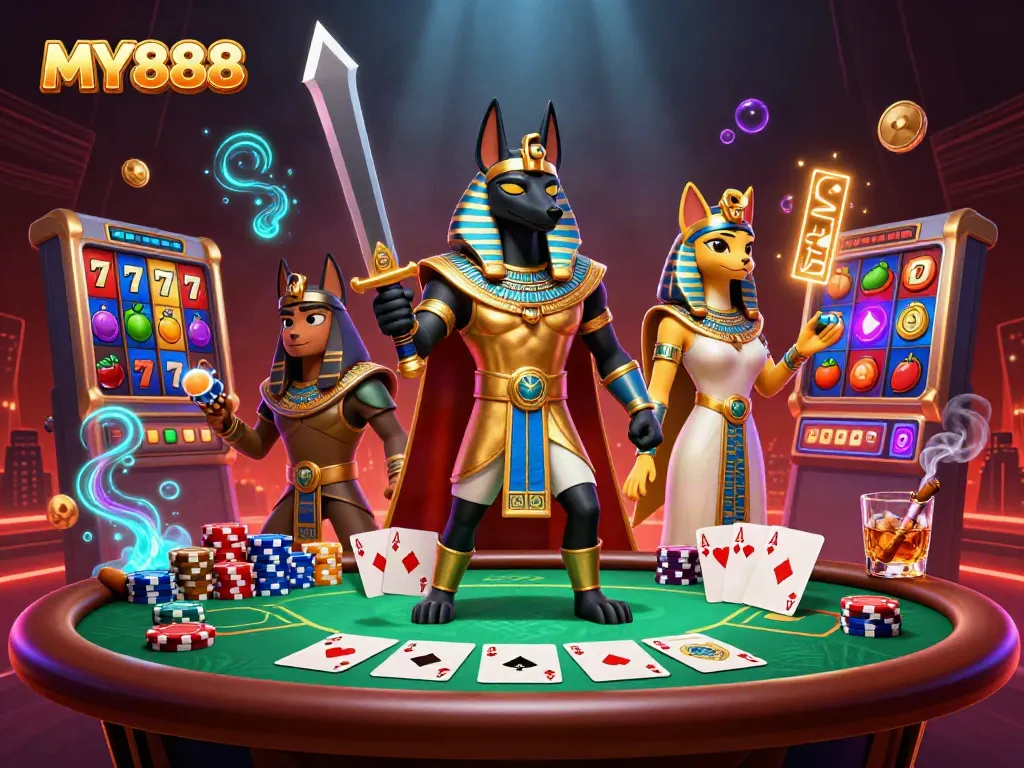 Experience thrilling gameplay at MY888 with vibrant poker action featuring unique characters.