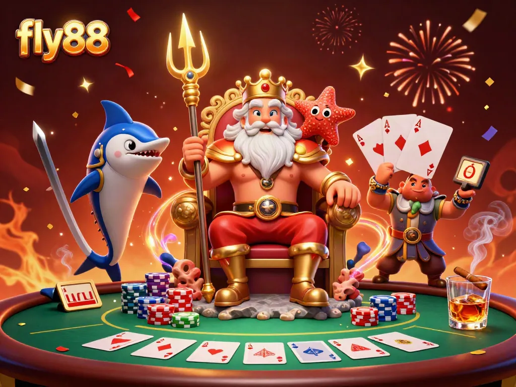 Fly88 casino illustration with sea king Neptune and poker elements in a vibrant atmosphere.