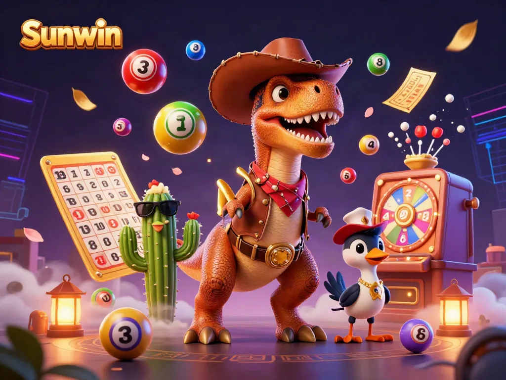 Engage with Sunwin's exciting gaming scene featuring a dinosaur and vibrant casino elements.