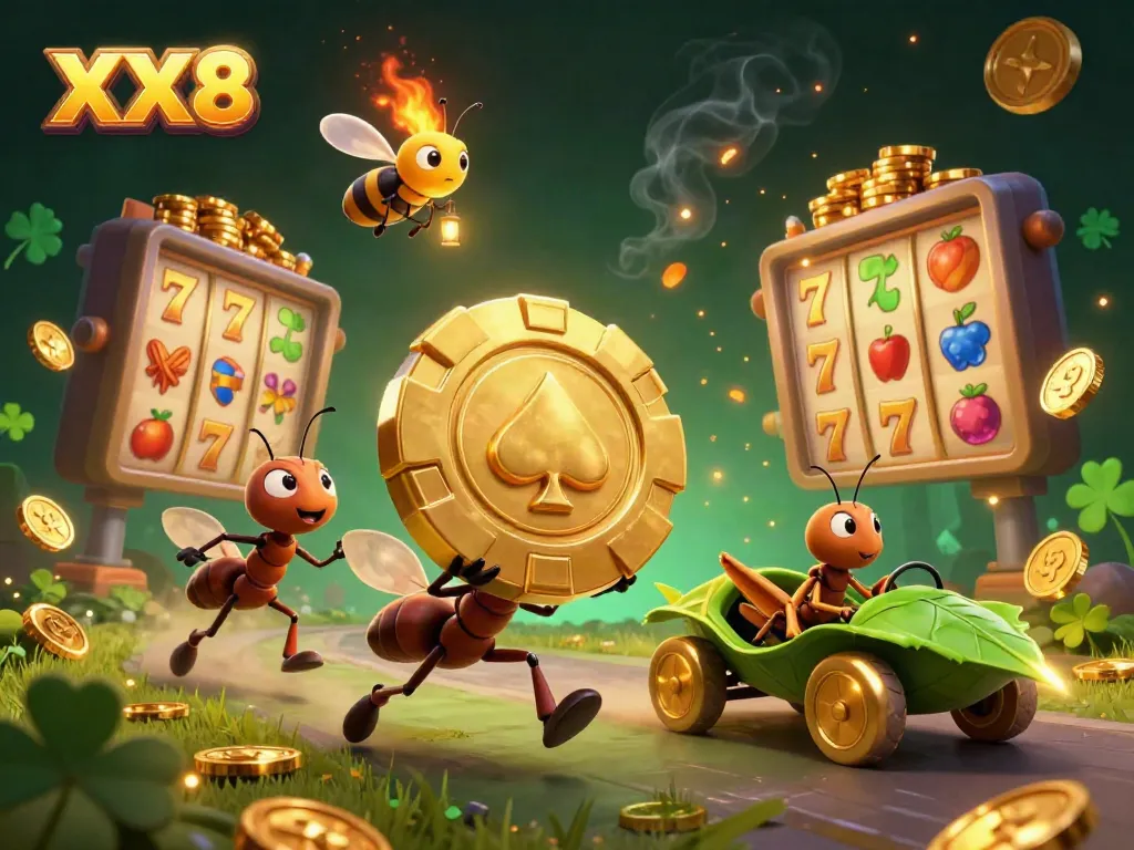 Ants carrying a golden poker chip in a vibrant casino scene, showcasing XX8 elements.