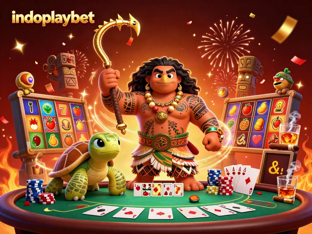 Gambarlah indoplaybet yang menggambarkan dewa Maui bergaya kartun bertarung dengan simbol slot yang berkilauan.