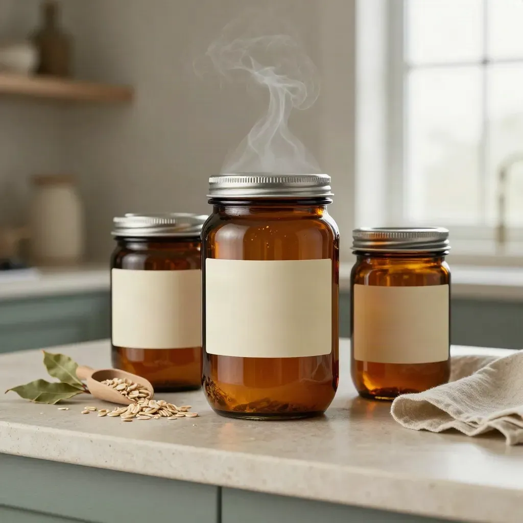 Amber glass pantry jars with lids, oats, bay sprig, and linen on a pale stone counter.