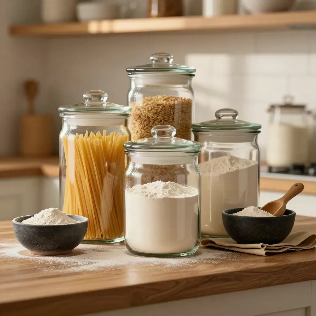 Glass pantry canisters with scoop, bowl and parchment on a warm oak counter.
