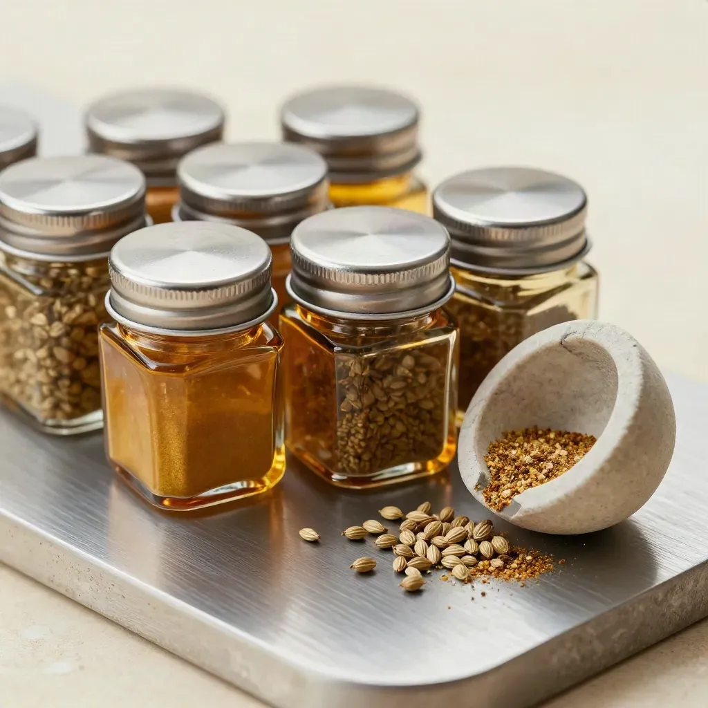 Macro of square spice jars with brushed lids, coriander seeds, and a chipped mortar fragment.