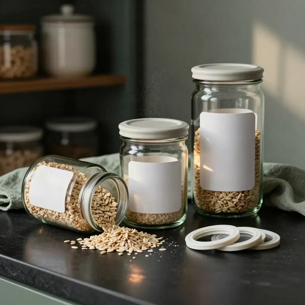 Three glass pantry jars with labels and rings beside spilled oats and rice on a dark counter.