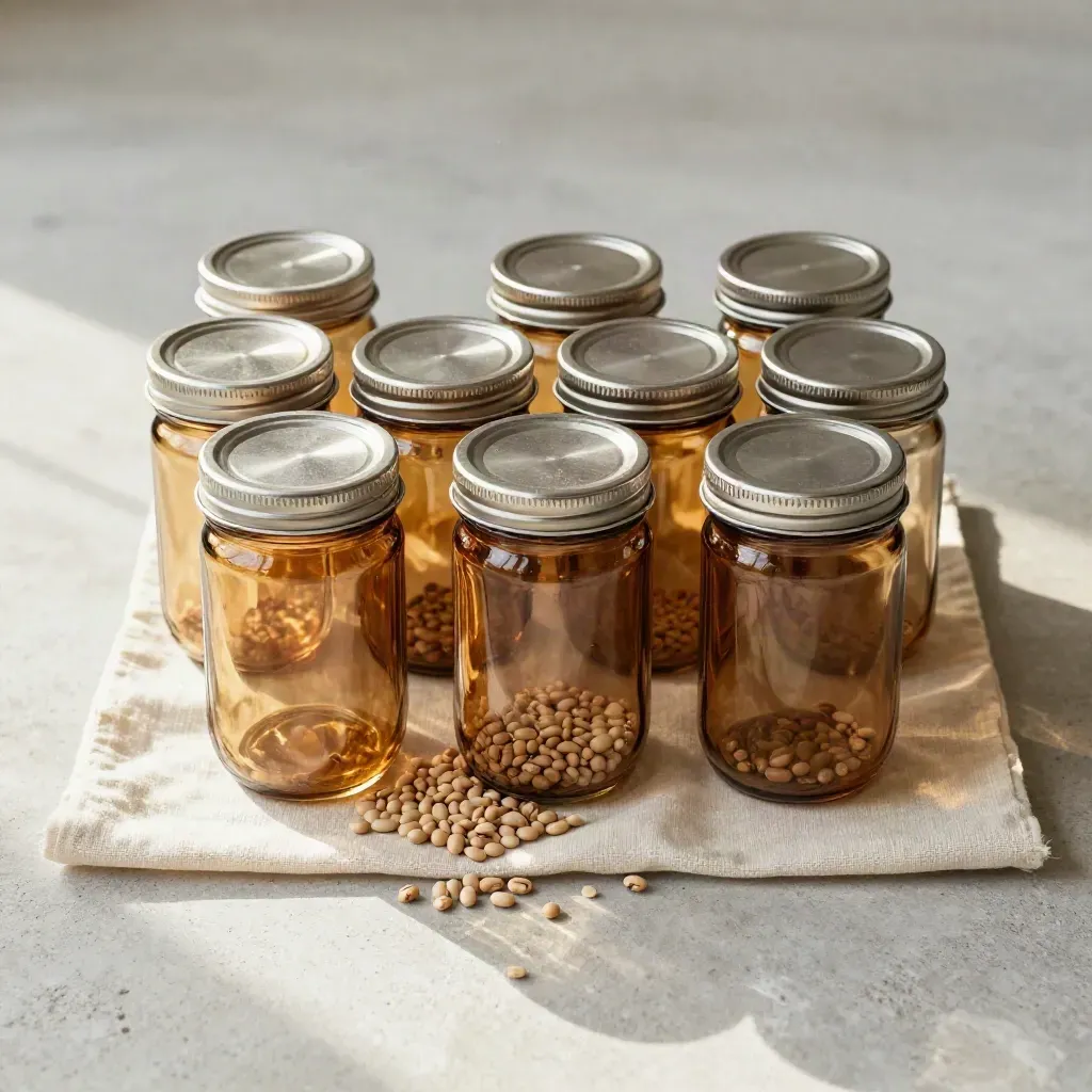 Top-down mason jar set with cloth and scattered beans on a cream stone slab.