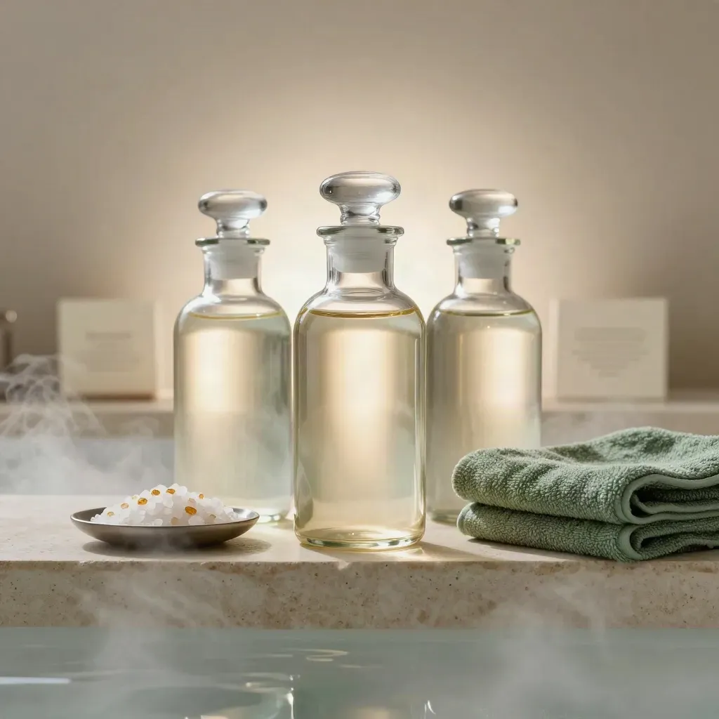 Three unlabeled apothecary jars on stone with a sage towel and bath salts in misty spa light.