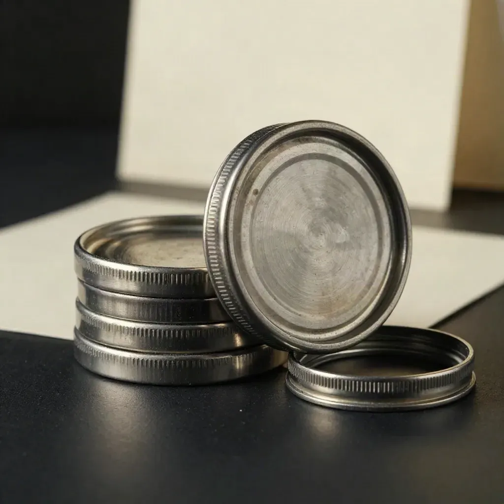 Stacked metal lids for wide-mouth jars on a dark surface with a soft cream card behind