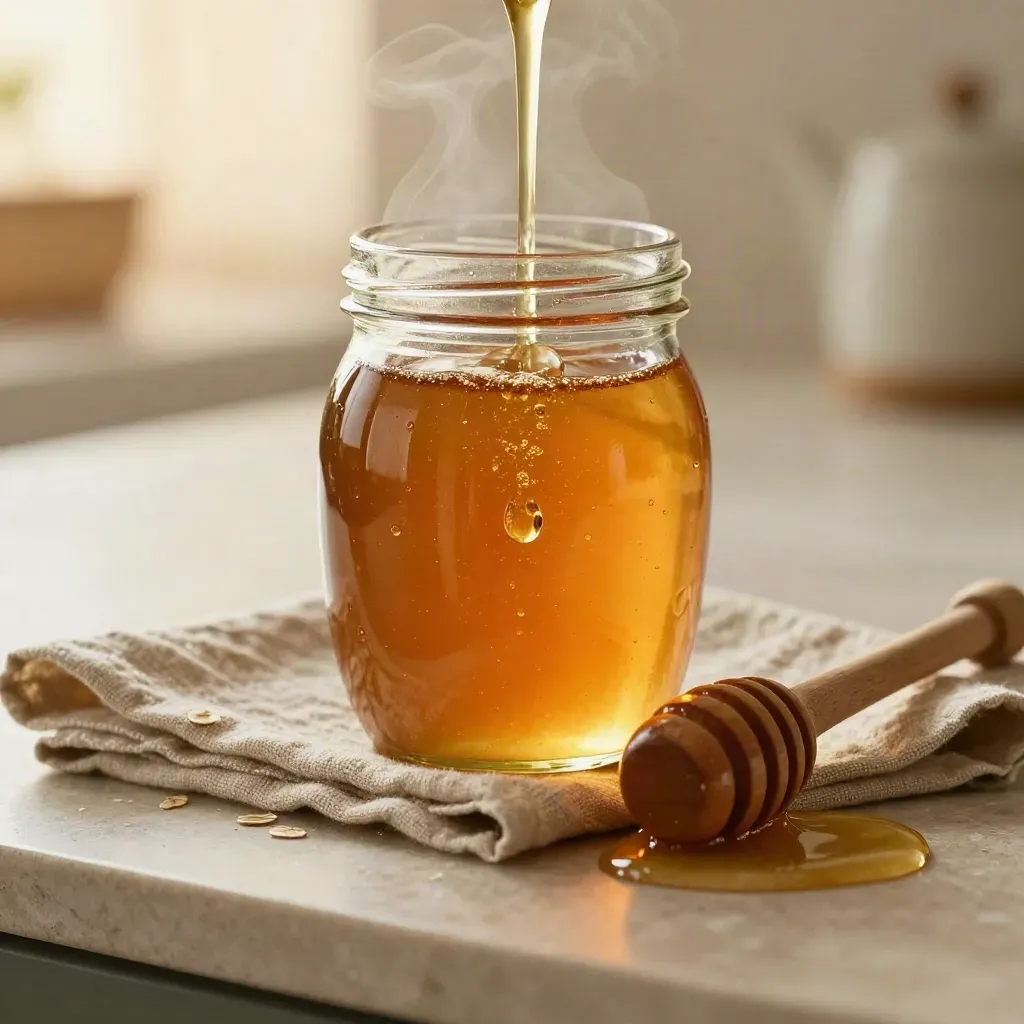 Amber honey jar with dipper and linen on a limestone counter, steam in warm light
