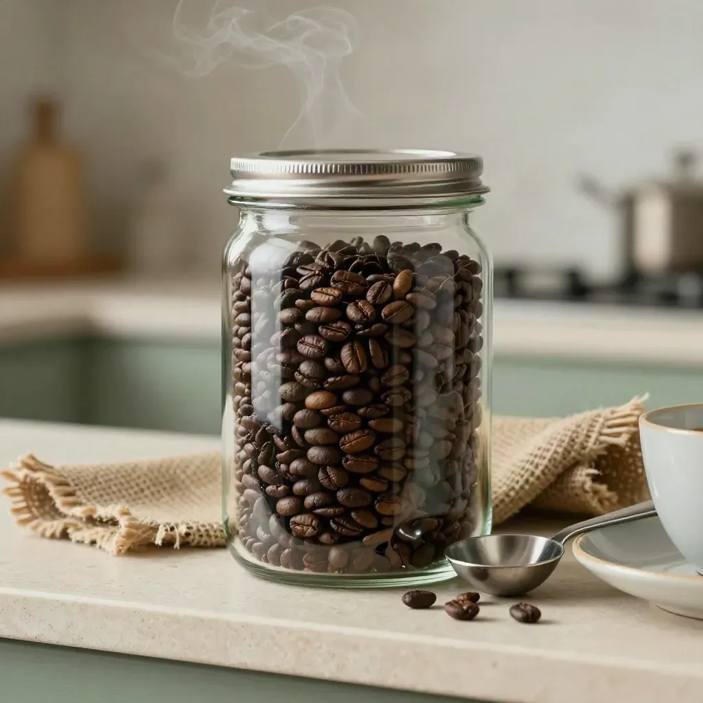 Glass coffee canister with beans, scoop, burlap and cup rim in soft steam