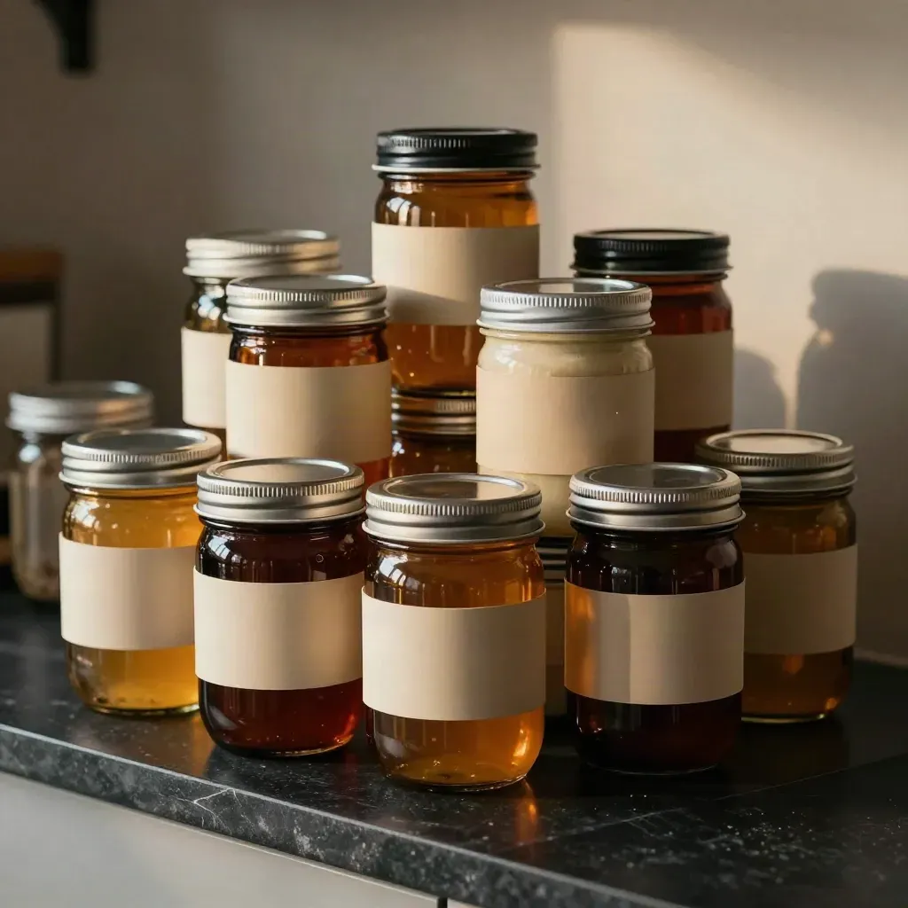 Amber glass jars and canisters stacked on a matte-black shelf with soft studio haze