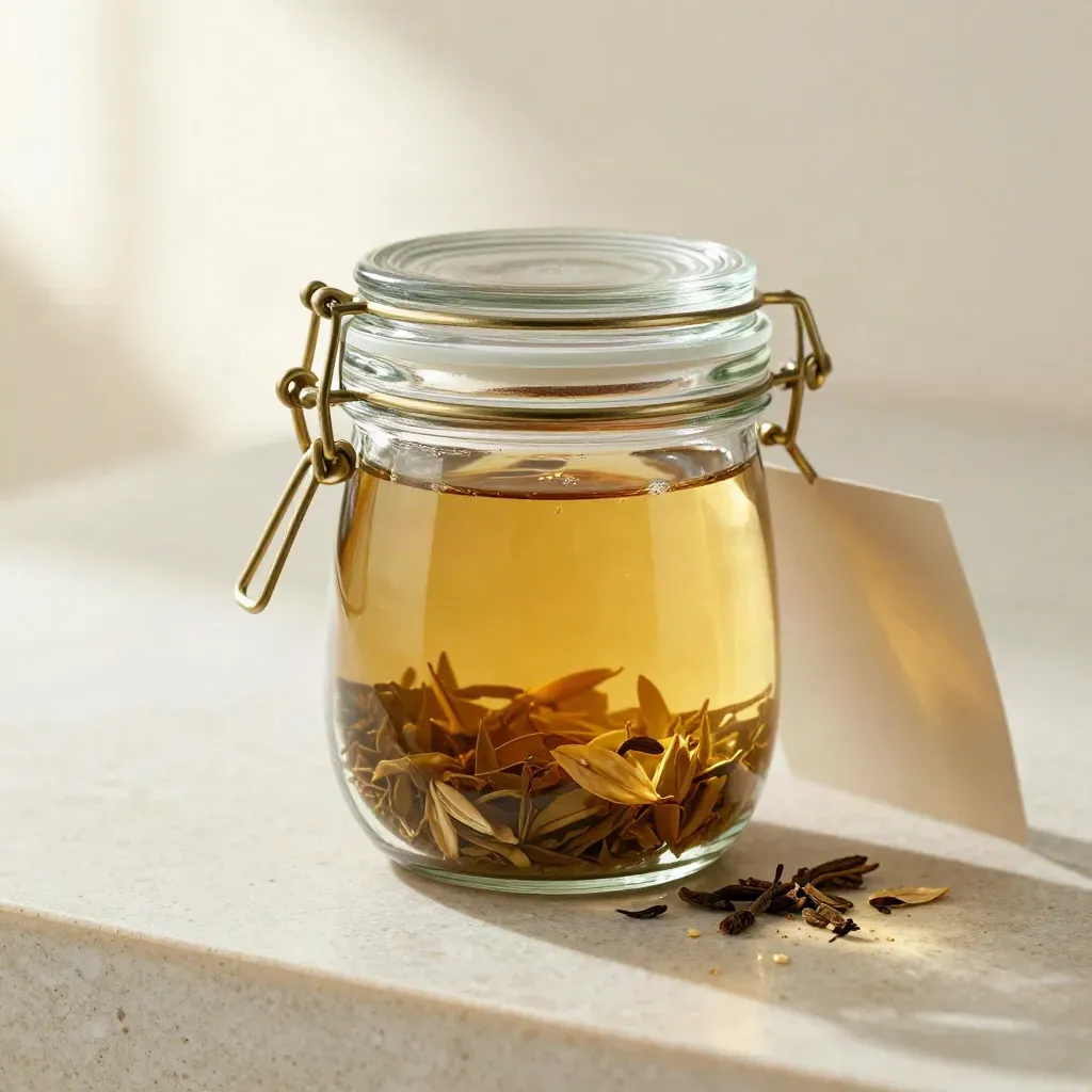 Open flip-top glass storage jar with tea leaves and linen crumbs on pale travertine