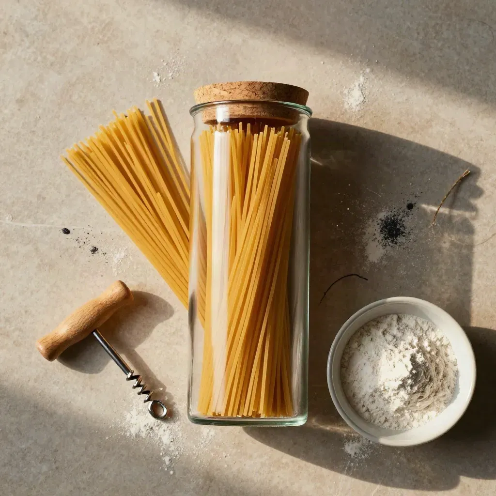 Overhead flat lay of a tall glass pasta canister with spaghetti, twine, and a pale bowl on stone.