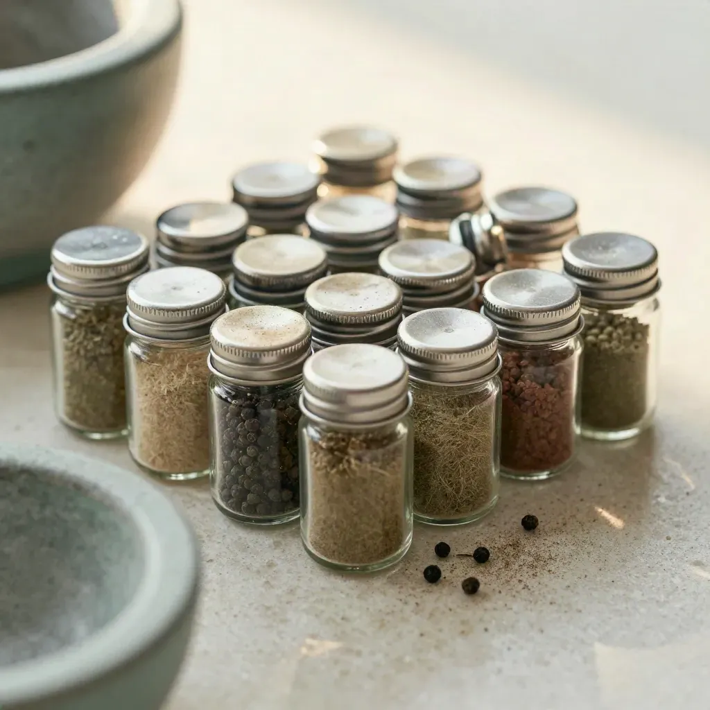 Macro cluster of tiny spice jars with peppercorns and a stone mortar rim on pale stone.