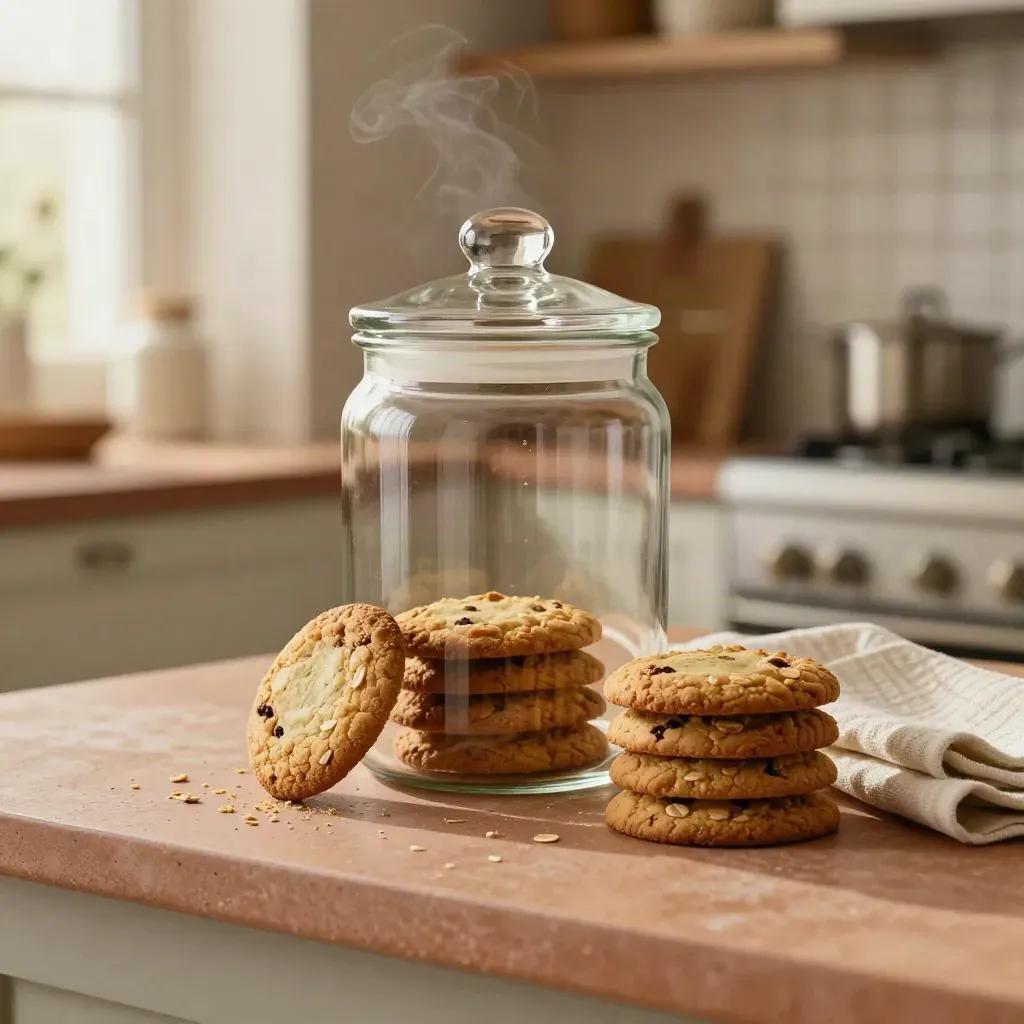 Clear cookie jar with oat cookies and a folded towel on a warm terracotta counter.