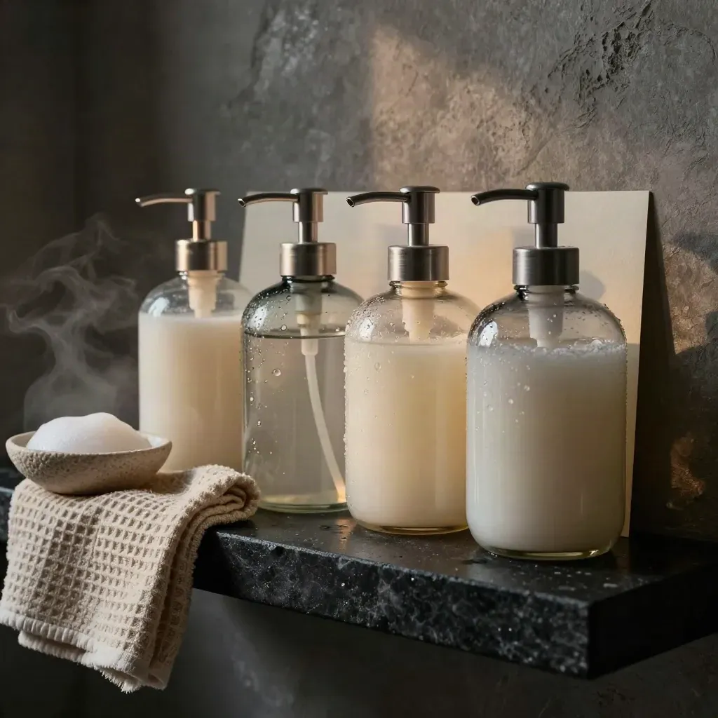 Four glass soap pump jars on stone with a waffle cloth and drifting steam