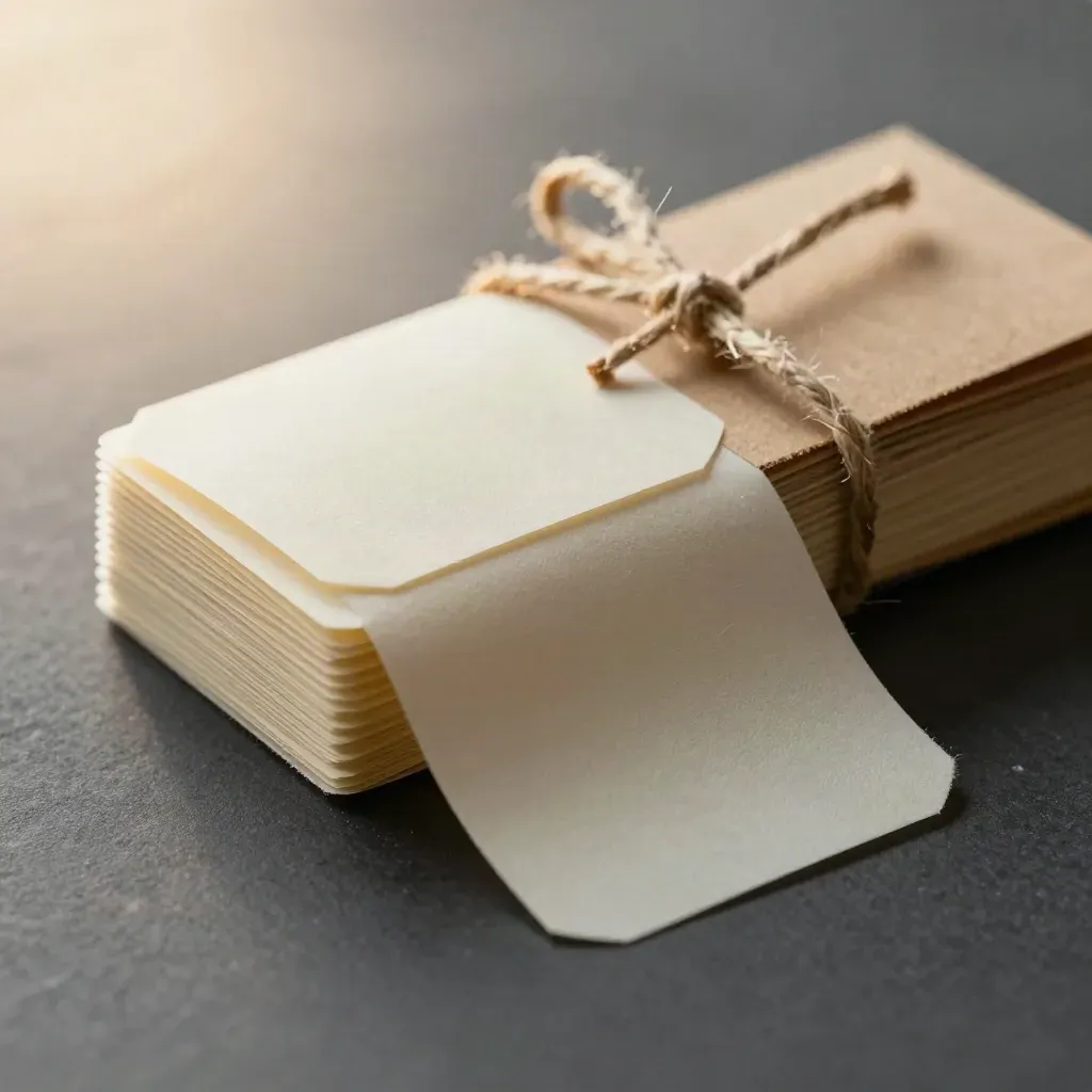 Close-up of blank jar labels with twine and a kraft card edge, lit with warm glints.