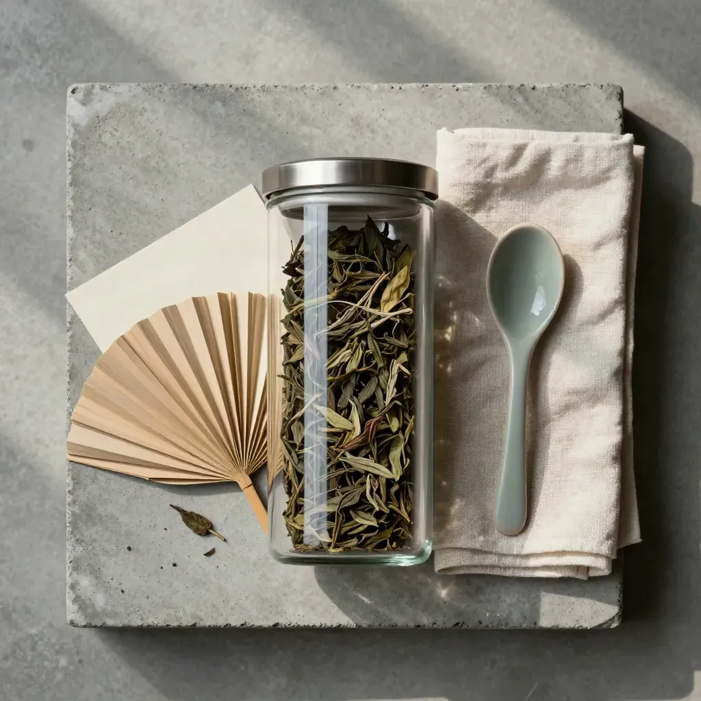 Overhead tea canister flat lay with tea leaves, spoon, and muslin square on concrete.