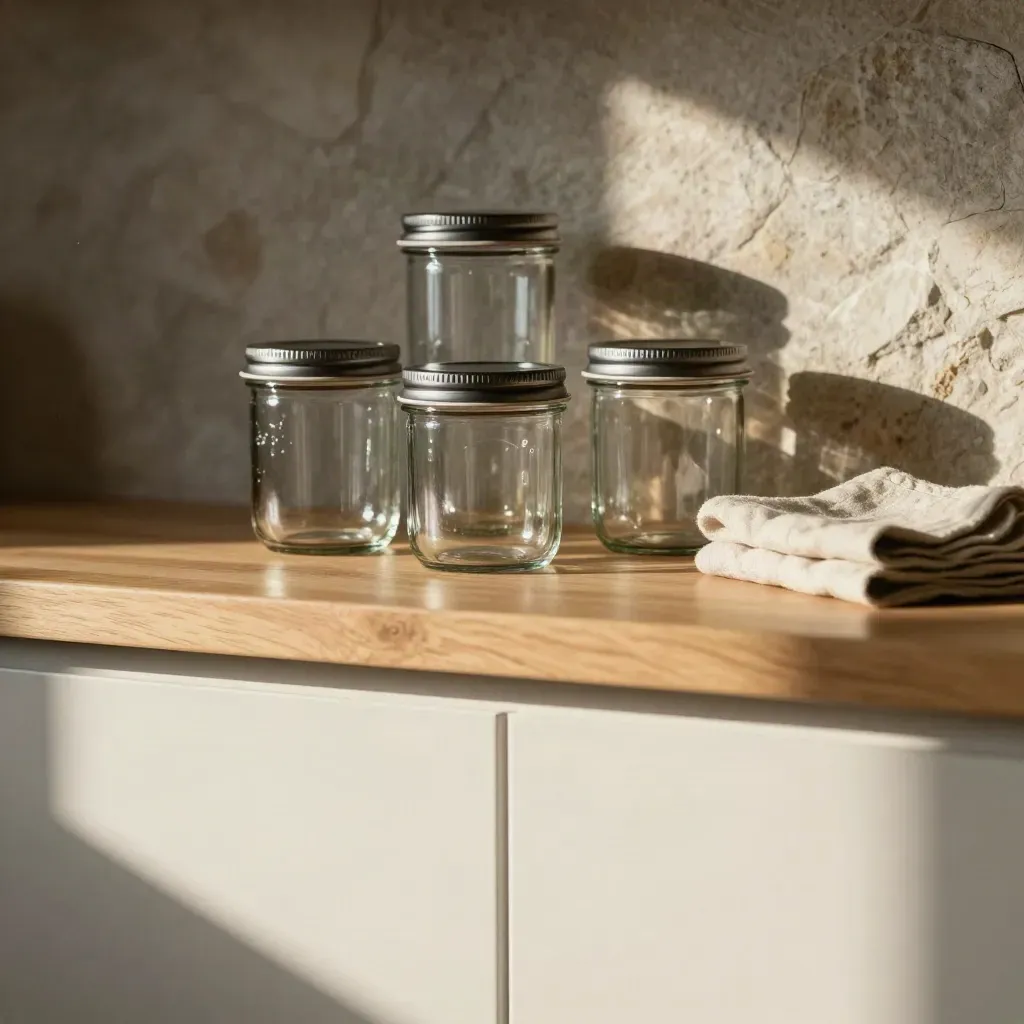 Sunlit shelf of stacked glass jars on pale oak with calm copy space below